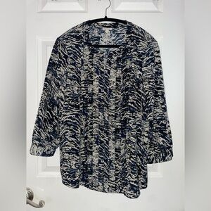 Talbots Navy, White & Black Patterned Long-sleeve Blouse Medium Petite